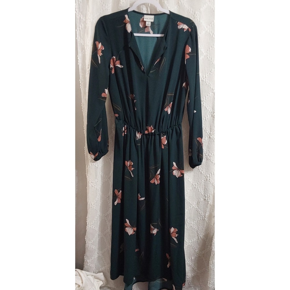 Ava & Viv Womens Plus Size X Emerald Green Floral Long Sleeve Midi Dress V-Neck